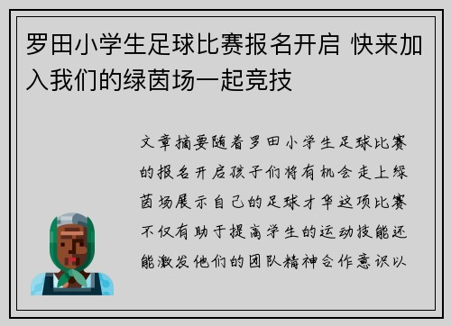 罗田小学生足球比赛报名开启 快来加入我们的绿茵场一起竞技