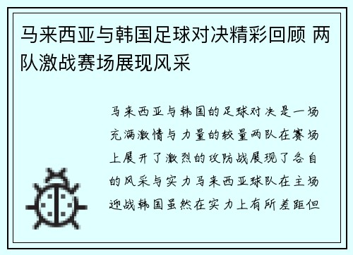 马来西亚与韩国足球对决精彩回顾 两队激战赛场展现风采