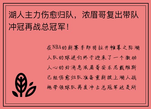 湖人主力伤愈归队，浓眉哥复出带队冲冠再战总冠军！