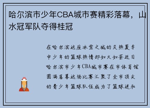 哈尔滨市少年CBA城市赛精彩落幕，山水冠军队夺得桂冠