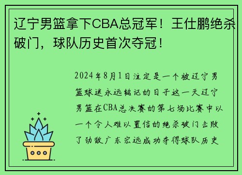 辽宁男篮拿下CBA总冠军！王仕鹏绝杀破门，球队历史首次夺冠！