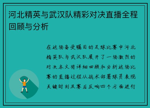河北精英与武汉队精彩对决直播全程回顾与分析
