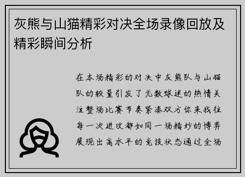 灰熊与山猫精彩对决全场录像回放及精彩瞬间分析