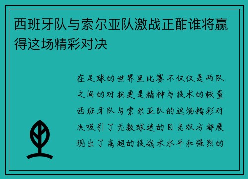 西班牙队与索尔亚队激战正酣谁将赢得这场精彩对决
