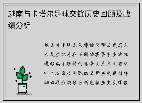越南与卡塔尔足球交锋历史回顾及战绩分析