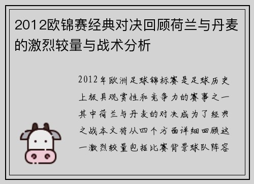 2012欧锦赛经典对决回顾荷兰与丹麦的激烈较量与战术分析