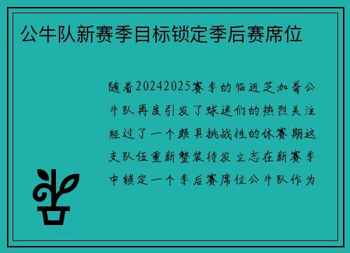 公牛队新赛季目标锁定季后赛席位